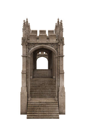 Steps leading up to an old stone medieval covered bridge. 3D rendering isolated on white background.の写真素材
