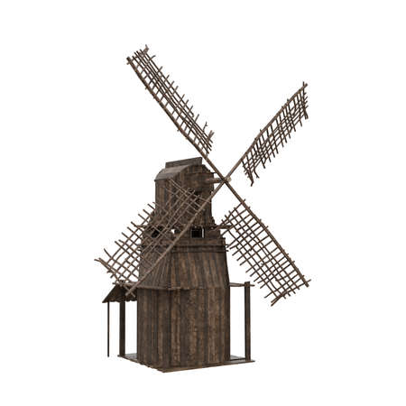 Medieval Viking wooden windmill. 3D illustration isolated on white background.の写真素材