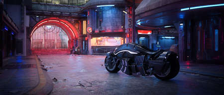Cyberpunk motorcycle in a seedy downtown street of a fantasy dystopian future city. Cinematic 3D illustration.の写真素材