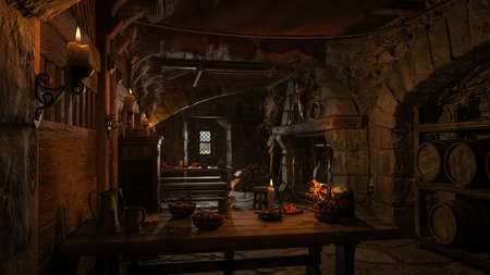 Dark atmospheric medieval tavern bar with food and drink on tables around an open fireplace. 3D rendering.の写真素材