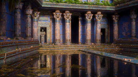 Fantasy Egyptian temple or tomb with blue painted stone walls and water in front with reflections....