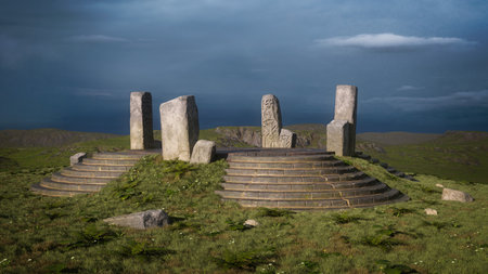 Mystical fantasy temple with standing stones in a wild highland landscape under stormy grey sky. 3D rendering.の写真素材