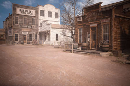 3D rendering of an empty street in an old wild west town with wooden buildings.の写真素材