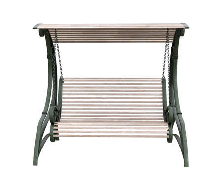 Vintage garden swing chair with green metal frame and wooden seat. 3D irendering isolated on white background.の写真素材