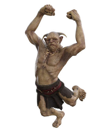 Mythical fantasy troll jumping with clenched fists raised above his head. 3D illustration isolated...
