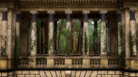 Old stone medieval castle balcony or bridge with columns and arches. 3D rendering.の写真素材
