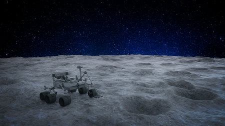 3D illustration landscape on the surface of the moon with an unmanned remote control scientific exploration vehicle.の写真素材