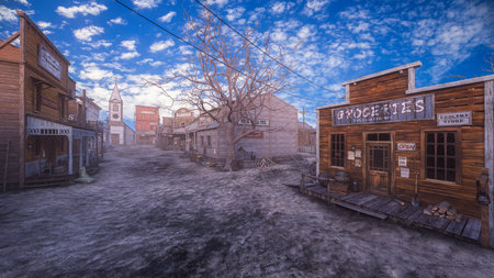 Deserted street in an old wild western town with wooden buildings. 3D illustration.の写真素材
