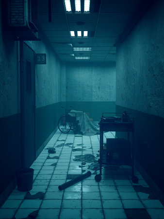 Creepy abandoned hospital or asylum corridor with equipment scattered on the floor. 3D rendering.