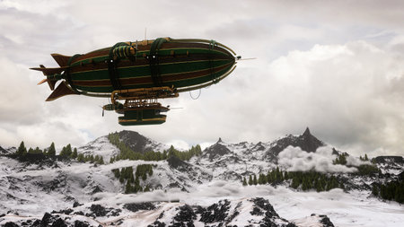 Fantasy steampunk airship flying over snow covered mountains with low grey clouds. 3D rendering.の写真素材
