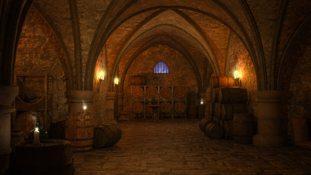 Wine cellar of an old medieval tavern lit by torches and candles. 3D rendering.