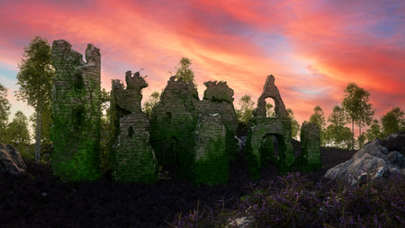 Medieval fantasy castle ruin overgrown with purple heather in the highlands at sunset. 3D rendering.の写真素材
