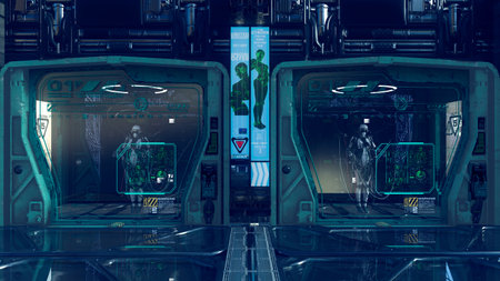 Futuristic cyborg robot store. Cyberpunk science fiction concept 3D rendering.