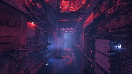 Dark moody cyberpunk sci-fi tunnel in an alien space ship or station. 3D rendering.