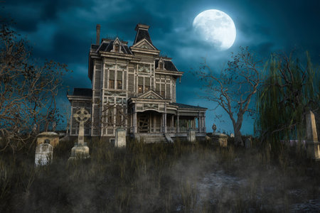 An old abandoned Victorian mansion house with tomb stones in the garden under a moonlit sky at night. 3D illustration.の写真素材
