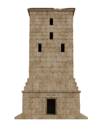 Ancient Egyptian architecture square stone tower with open doorway. Isolated 3D rendered illustration.の写真素材