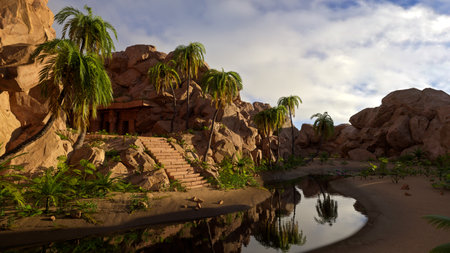 Steps leading down to a river from an old ruined fantasy temple built into a rocky mountain in the jungle. 3D illustration.の写真素材