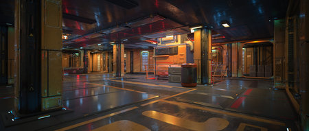 Wide panoramic 3D render of a deck on fantasy futuristic space ship.