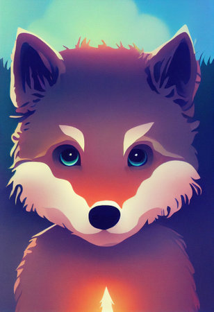 Illustration of Baby Wolf Whelp Pup for Kids Children Book in Watercolor Painting Art Cartoon Characterの写真素材