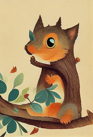 Cute Little Animal Illustration of Squirrel for Kids Children Book in Watercolor Painting Art Cartoon Characterの写真素材