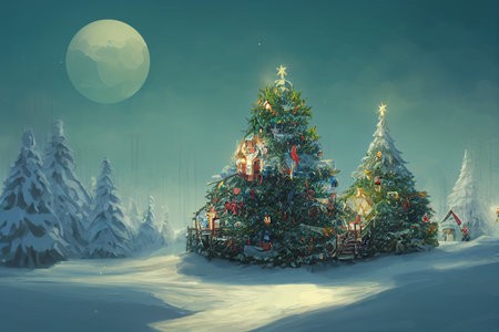 Background Christmas Eve on Full Moon Night Winter Illustration For Greetings Card, Flayer, and Invitationの写真素材