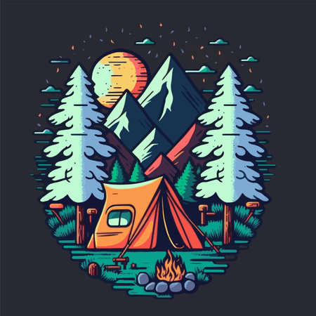 Vintage Camping Tent Illustration. Adventure wild life. Vintage design with mountains, forest silhouettes. For poster, banner, emblem, sign, logo.のイラスト素材