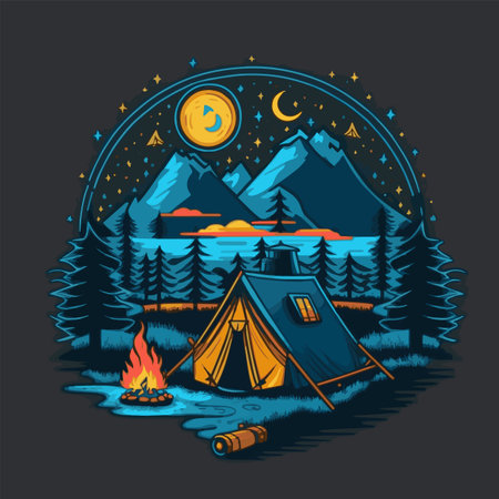 Vintage Camping Tent Illustration. Adventure wild life. Vintage design with mountains, forest silhouettes. For poster, banner, emblemのイラスト素材