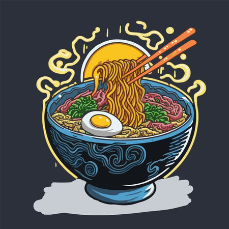 Illustration of Japanese Ramen noodles Bowl in Cartoon Style for mascot stickerのイラスト素材