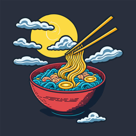 Illustration of Japanese Ramen noodles Bowl in Cartoon Style for mascot logo or stickerのイラスト素材