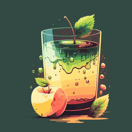 Fresh apple juice or soda drink in transparent glass and red apple slice Illustrationのイラスト素材