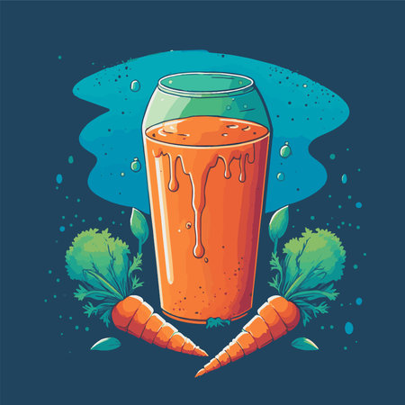 illustration of fresh orange carrot juice on bottle Glass, carrot slices vector hand drawn posterのイラスト素材