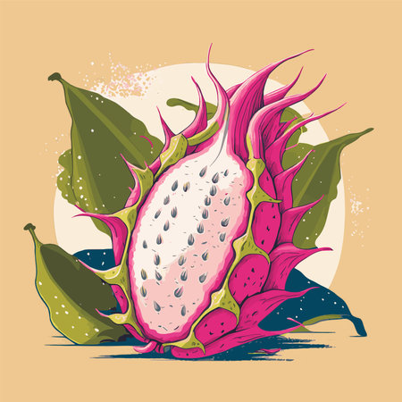 Red dragon fruit, whole fruit and half. Summer tropical fruits for healthy lifestyle. Vector illustration cartoon flat iconのイラスト素材