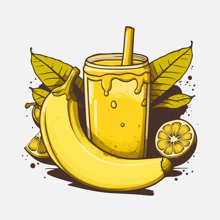 illustration of fresh banana slices juice fruit in glass in Vector Flat Colorのイラスト素材
