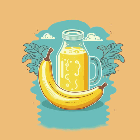 illustration of fresh banana slices juice fruit in glass in Vector Flat Colorのイラスト素材