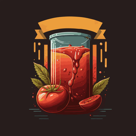 Vector Hand Drawn Illustration of Red tomato juice glass with whole sliced tomatoのイラスト素材