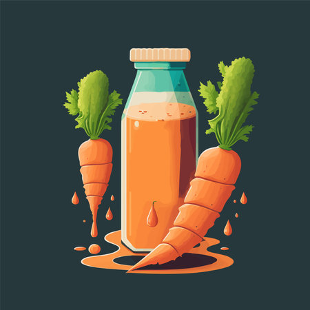illustration of fresh orange carrot juice on bottle Glass, carrot slices vector hand drawn posterのイラスト素材