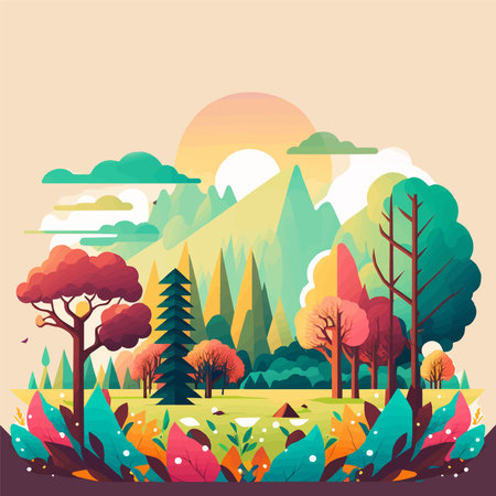 Illustration of Nature Mountain Forest Jungle Landscape Background in Flat Vector Color for Icon,  Poster, Banner, Flayerのイラスト素材