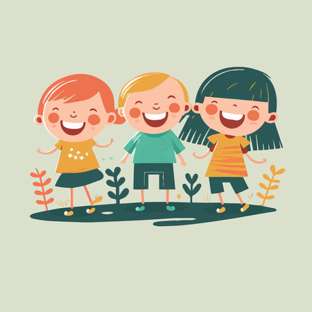 Happy kids jumping playing together illustration. International Children Day Background template in vector flat styleのイラスト素材