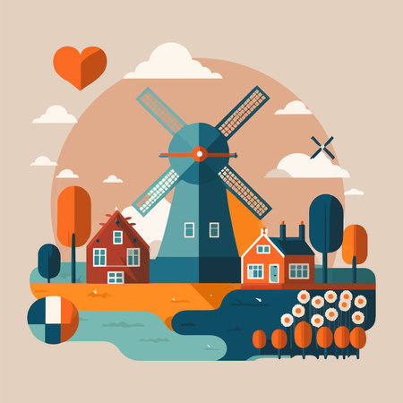 Illustration of Amsterdam Netherlands Travel destination house city landmark icon vector flat color designのイラスト素材