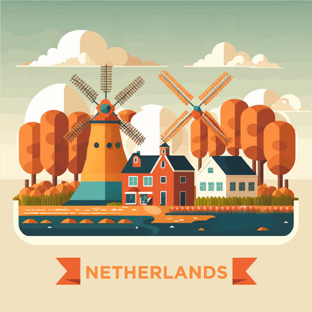 Illustration of Amsterdam Netherlands Travel destination house city landmark icon vector flat color designのイラスト素材