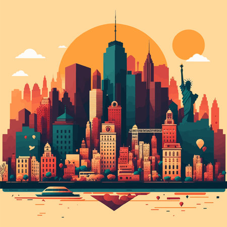 travel new York city building symbol landmark for Postcard, banner, guide for tourists Flat cartoon vector illustrationのイラスト素材