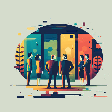 business conference flat vector illustration. meeting team discussing project isolated cartoon characters . Brainstorming presenting company reportのイラスト素材