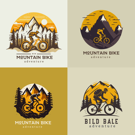 Logo collection of mountain bike mountains in the background. Bicycle, transport, downhill, free ride, extreme, sports design, logo label badgeのイラスト素材