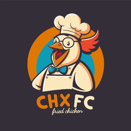 illustration of fried chicken rooster chef mascot logo for food restaurant concept branding in vector cartoon styleのイラスト素材