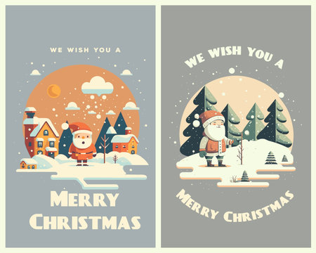 Illustration template of Merry Christmas Happy New Year Greetings Card Invitation Banner flat vector style, santa clause, kids, snowman, winter, tree, forest, natureのイラスト素材