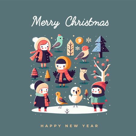 Illustration template of Merry Christmas Happy New Year Greetings Card Invitation Banner flat vector style, santa clause, kids, snowman, winter, tree, forest, natureのイラスト素材