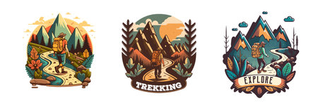 badge Logo Collection of vintage mountain explorer, hiking, trekking adventure camping emblem graphicsのイラスト素材