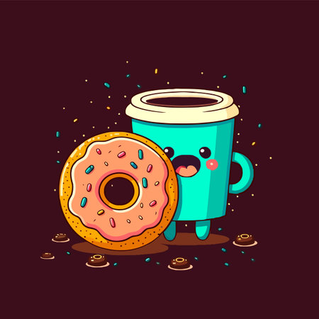 illustration of donut and coffee shop bakery store logo cartoon doughnut icon or label in vector flat color styleのイラスト素材