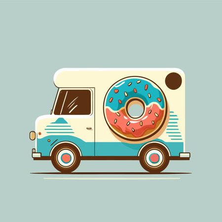 illustration of donut truck bakery store logo cartoon doughnut icon or label and cafe menu in vector flat color styleのイラスト素材