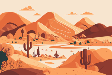 sand desert landscape in sunset with cactus and mountains flat color vector style illustrationのイラスト素材